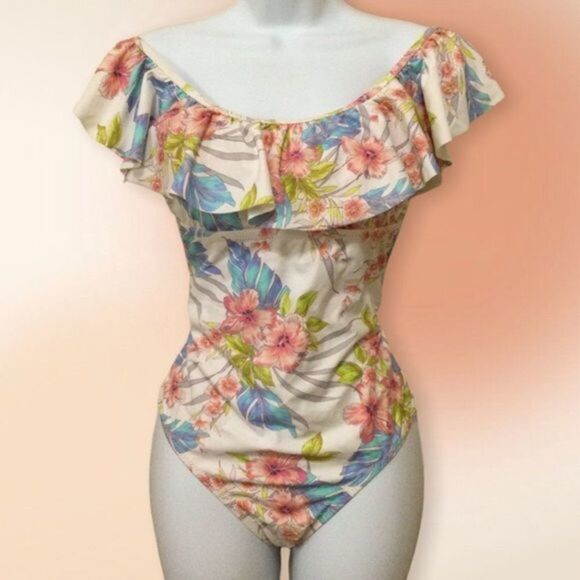 RAISINS Floral Off the Shoulder‎ Floral One Piece Ruffled Swimsuit Med - Picture 4 of 14